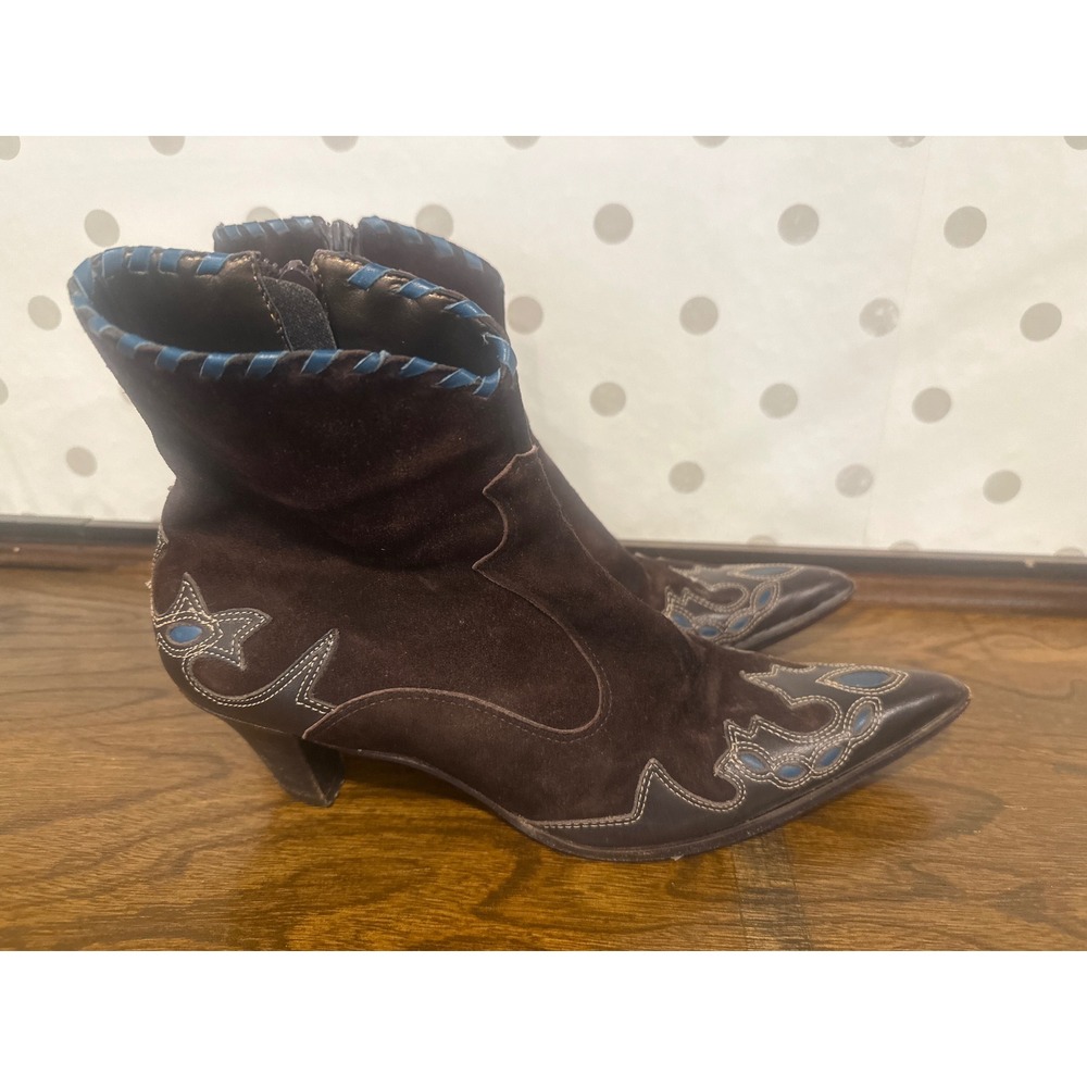 Antonio Melani Brown Suede Western Ankle Boots Blue Stitching Pointed Toe 9M